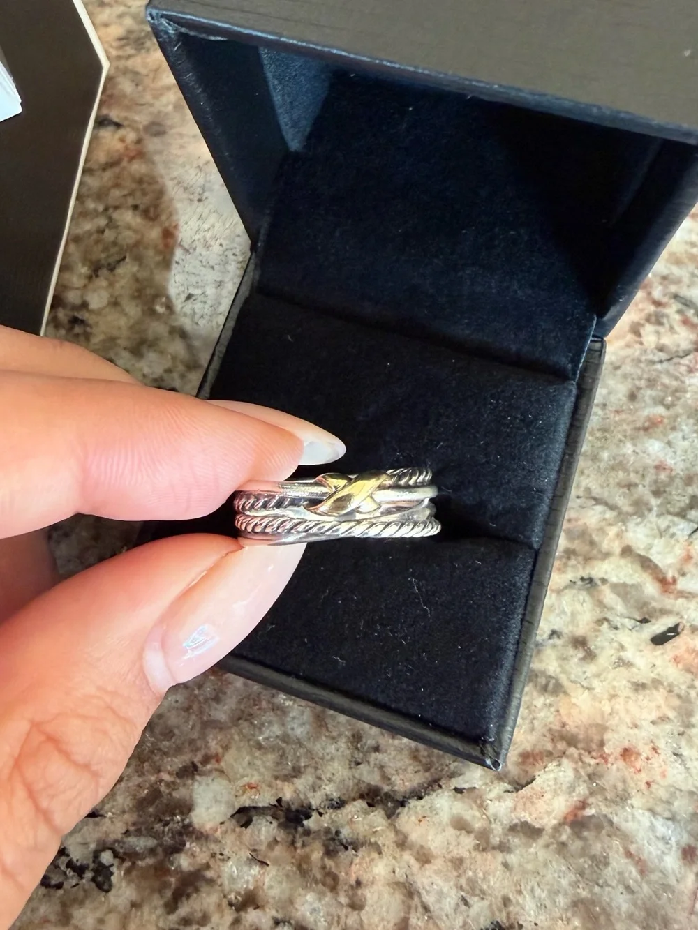 David Yurman Two-Tone Cable Stackable Ring in Silver and Gold Size 7